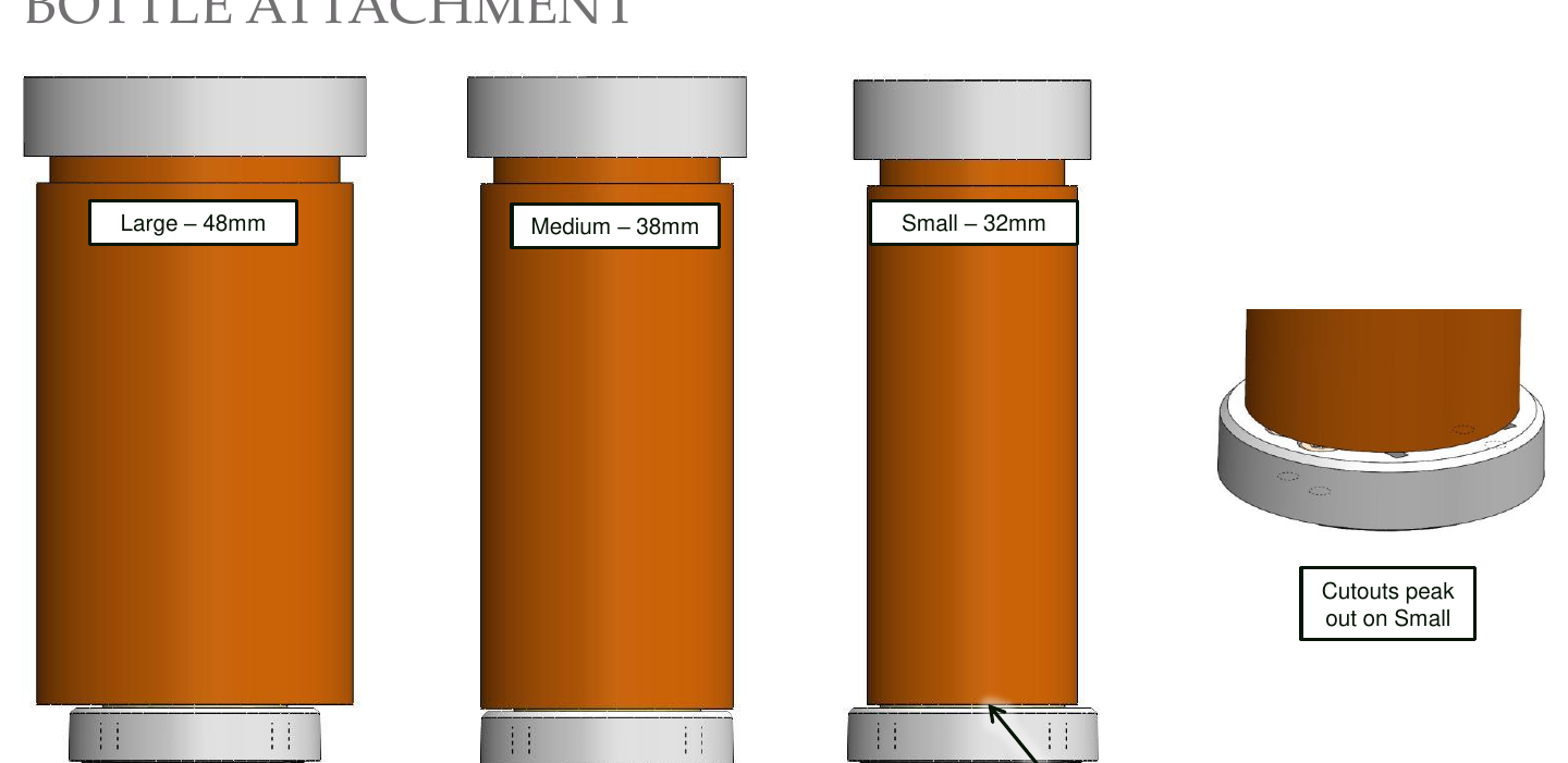 The device fits three bottle sizes — Large 48mm, Medium 38mm, Small 32mm
