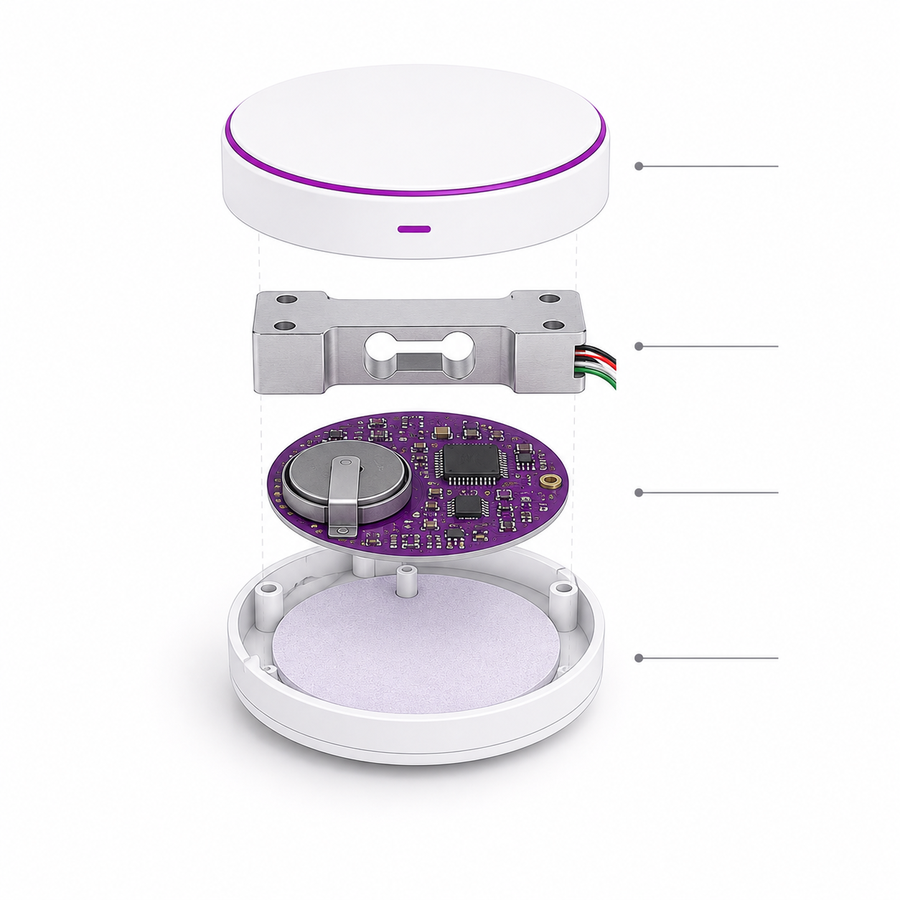 Exploded view of the device — cover, load cell, PCB, battery, foam liner