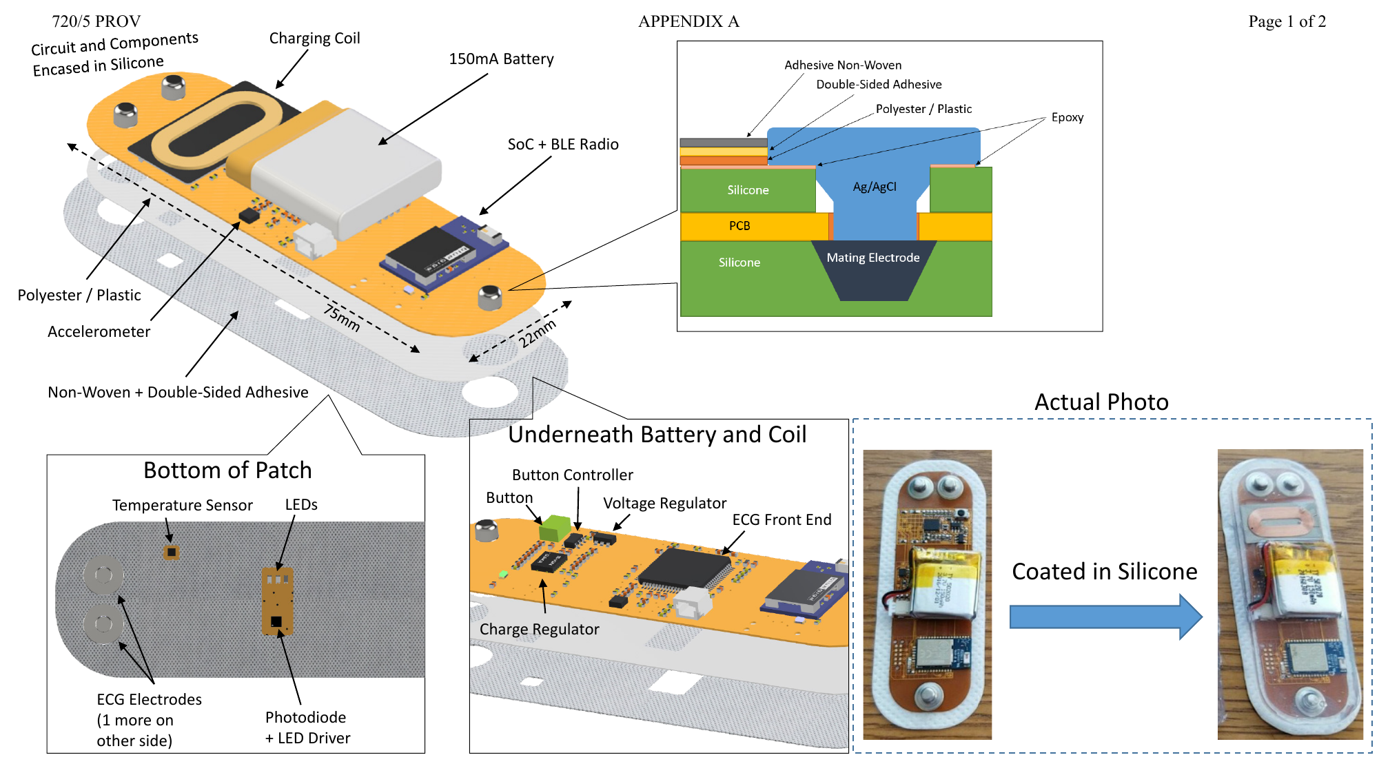 Detailed patch layout: charging coil, 150mA battery, SoC+BLE radio, accelerometer, Ag/AgCl ECG electrodes, plus actual assembled-board photos