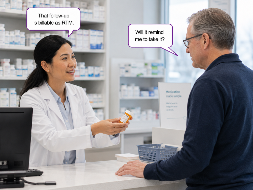 A pharmacist acting on adherence signals while consulting a patient