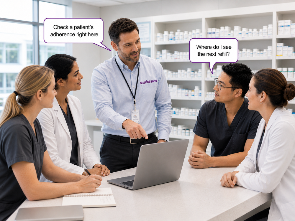 A SharkDreams consultant training specialty-pharmacy staff to run the LIVIT adherence program