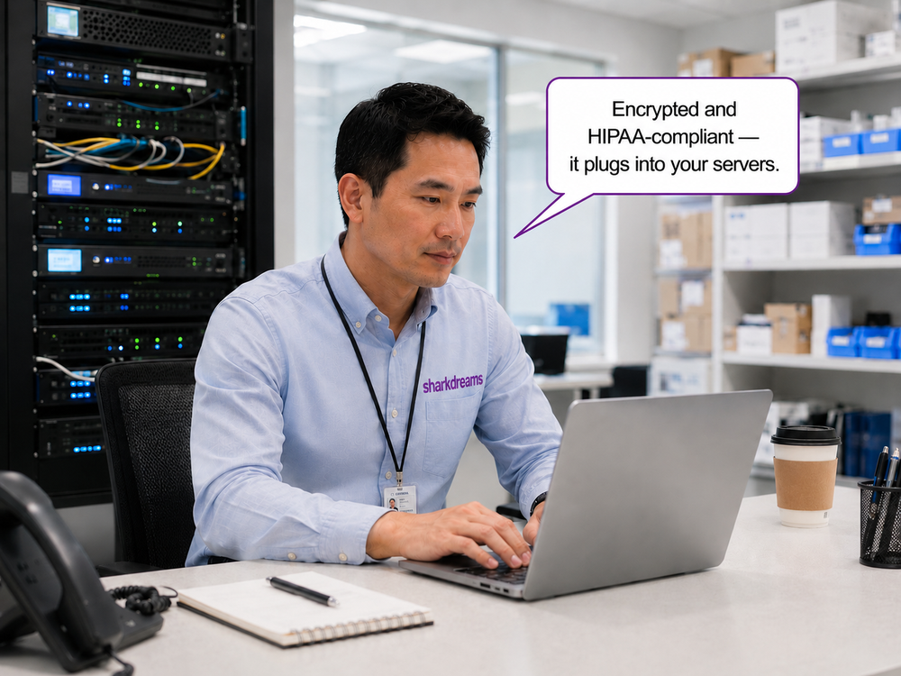 LIVIT connecting to the pharmacy's existing systems over an encrypted, HIPAA-compliant link